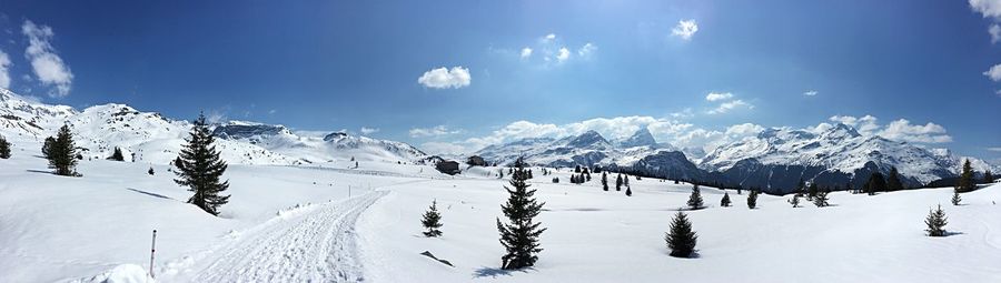 Panoramic view of snowcapped mountains against sky