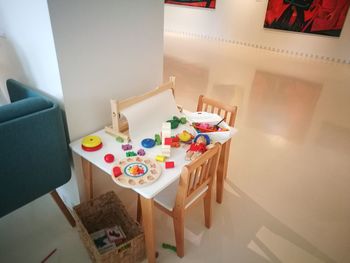 High angle view of toys on table at home