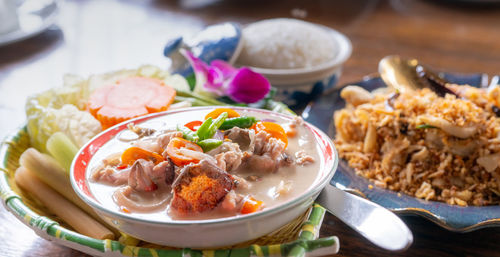 Top view of salted crab dip with coconut milk and vegetables in thai luxury restaurant. thai cuisine