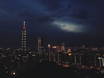 Illuminated buildings in city at night