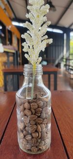 Close-up of white flowers in glass vase on table
