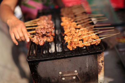 Close-up of meat in skewers