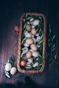 High angle view of vegetables in basket on table