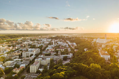 High angle view of cityscape against sky at sunset