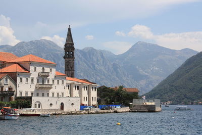 High angle view of houses and mountain range