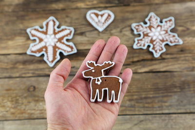 Cropped hand of person holding gingerbread cookie on table