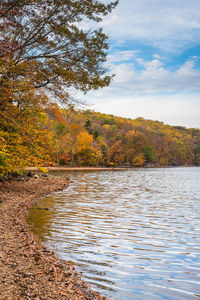 Scenic view of lake against sky during autumn