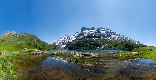 Scenic view of lake by snowcapped mountain against sky