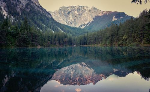 Scenic view of lake and mountains against sky