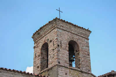 Low angle view of historical building against clear blue sky