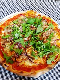 High angle view of pizza on table