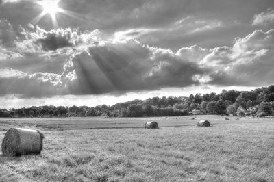 Hay bales on field against sky