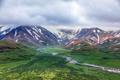 Scenic view of snowcapped mountains against sky