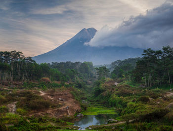 Merapi volcano view with gendol river foreground in the morning