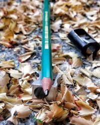 Close-up of pencil with sharpener and shavings on table