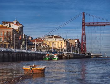 Bridge over river by buildings against sky