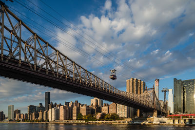 Low angle view of queensboro bridge in city against cloudy sky