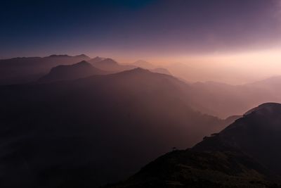 Scenic view of mountains against sky at sunset