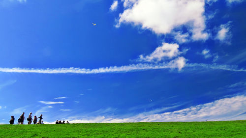 People on field against blue sky