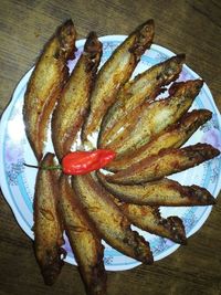 High angle view of fish on table