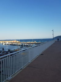 Scenic view of sea against clear blue sky