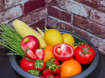 High angle view of fruits and vegetables in container