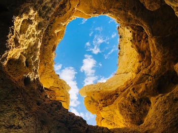 Low angle view of rock formation against sky