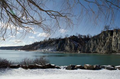 Scenic view of mountains against sky during winter