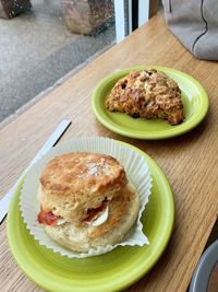 High angle view of breakfast served on table