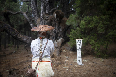 Rear view of woman standing in forest