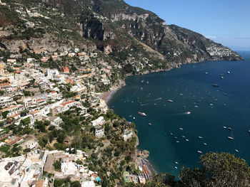 Scenic view of sea by mountains against sky