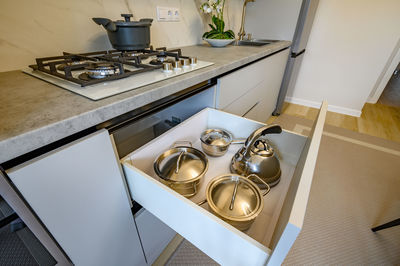 High angle view of cooking utensils in drawer