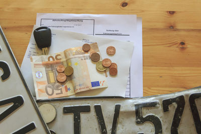High angle view of papers on table