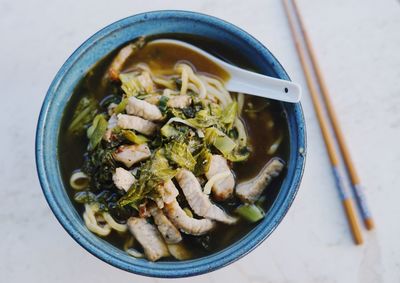 High angle view of food in bowl on table