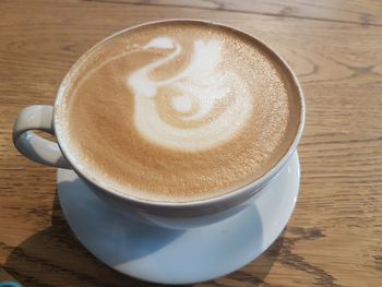 High angle view of cappuccino on table