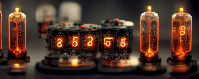 Close-up of illuminated nixie clock