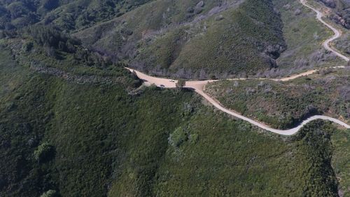 High angle view of winding road on land