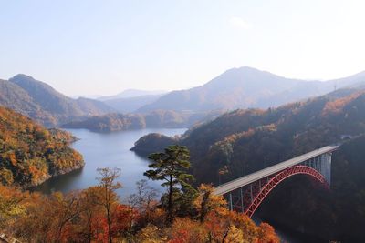 Scenic view of river and mountains against sky