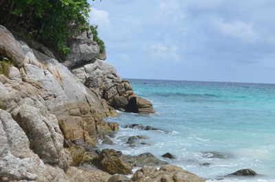 Scenic view of rocks by sea against sky