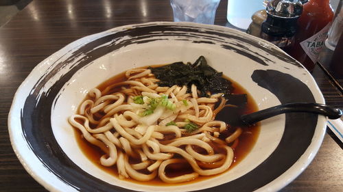 Close-up of noodles served in plate