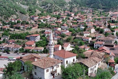 High angle view of buildings in town