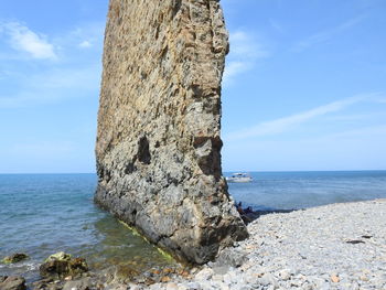 Scenic view of rocks on beach against sky