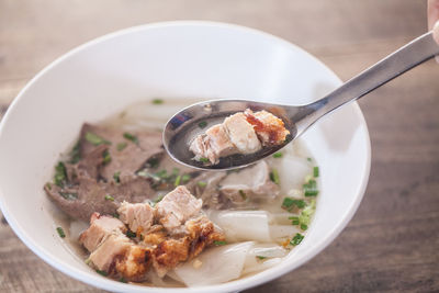 High angle view of soup in bowl on table