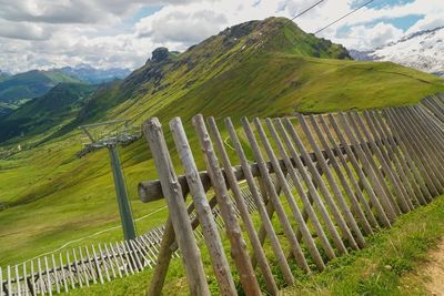 Scenic view of green landscape and mountains against sky