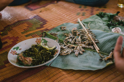 High angle view of food in plate on table