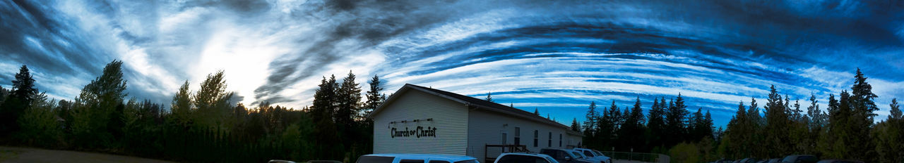 PANORAMIC SHOT OF TREES AND BUILDINGS AGAINST SKY