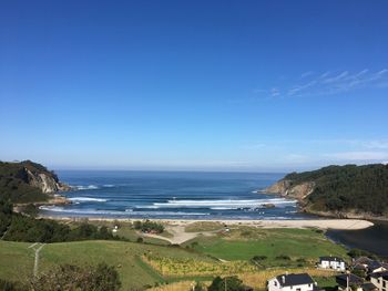 Scenic view of sea against clear blue sky