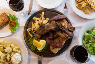 High angle view of food in plate on table