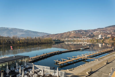 Panoramic view of lake against blue sky