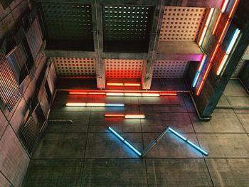 High angle view of illuminated staircase in building